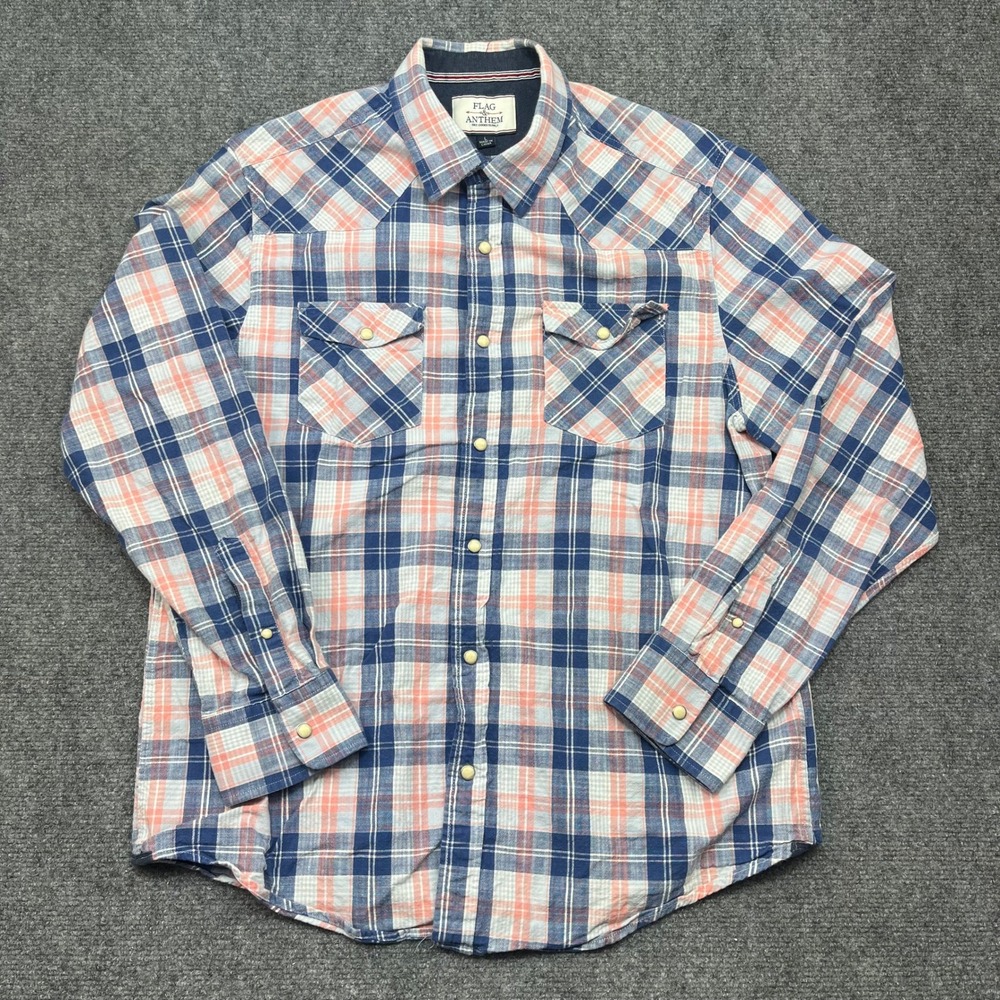 Flag & Anthem Mens Large Blue Coral Plaid Western Pearl Snap Cotton Shirt L